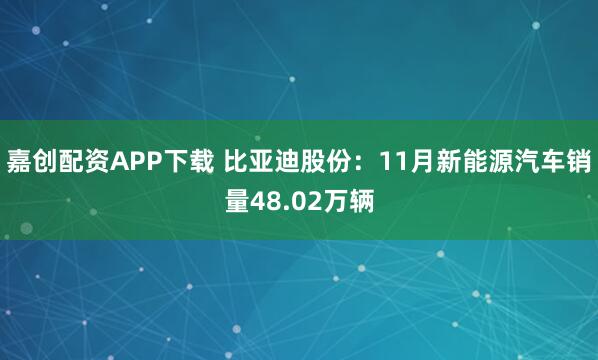 嘉创配资APP下载 比亚迪股份：11月新能源汽车销量48.02万辆